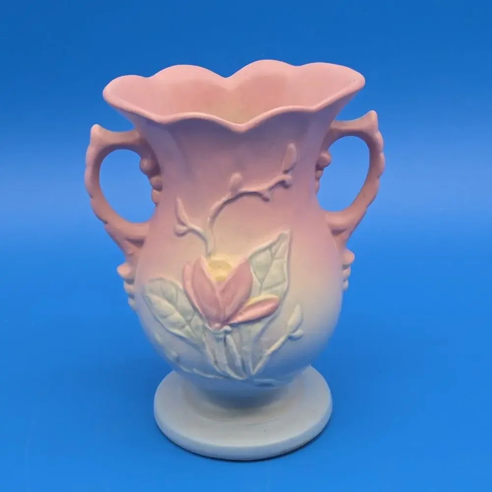 Hull Art Pottery Magnolia Vase 6.25” Matte Pink Blue Double Handle USA 1940s